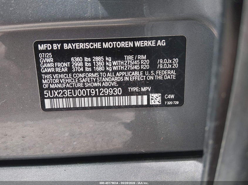 2026 BMW X5 VIN 5UX23EU00T9129930 IAAI salvage auction — REAR END, Salvage Title, sold $35,800 on 2026-07-27 (photo 9)
