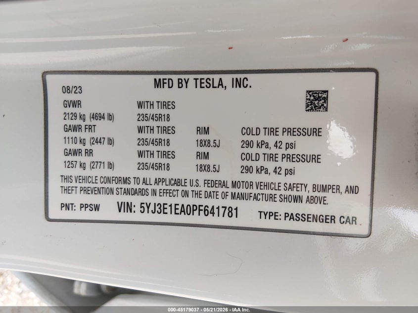 2023 Tesla Model 3 VIN 5YJ3E1EA0PF641781 IAAI salvage auction — FRONT END, Salvage (Arkansas), sold $6,450 on 2026-07-20 (photo 9)
