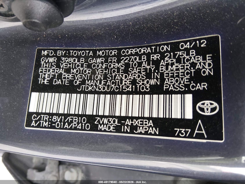 2012 Toyota Prius VIN JTDKN3DU7C1541103 IAAI salvage auction — REAR END, Salvage (Illinois), sold $1,375 on 2026-07-21 (photo 9)