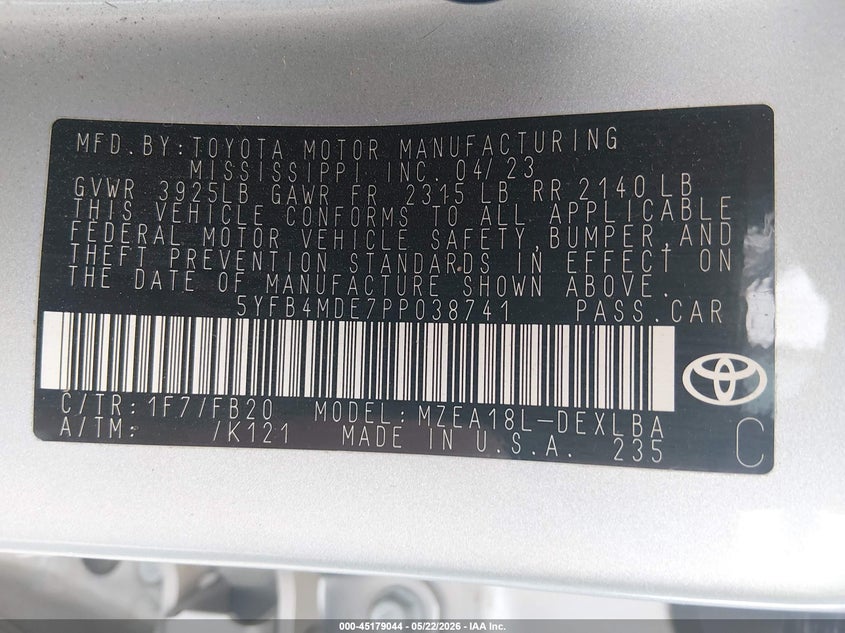 2023 Toyota Corolla VIN 5YFB4MDE7PP038741 IAAI salvage auction — LEFT SIDE, Salvage (Arkansas), sold $4,300 on 2026-07-29 (photo 9)