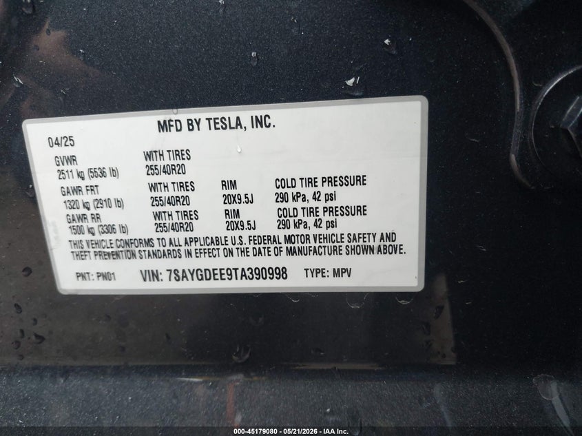 2026 Tesla Model y VIN 7SAYGDEE9TA390998 IAAI salvage auction — FRONT END, Salvage (Kansas), sold $24,200 on 2026-07-22 (photo 8)