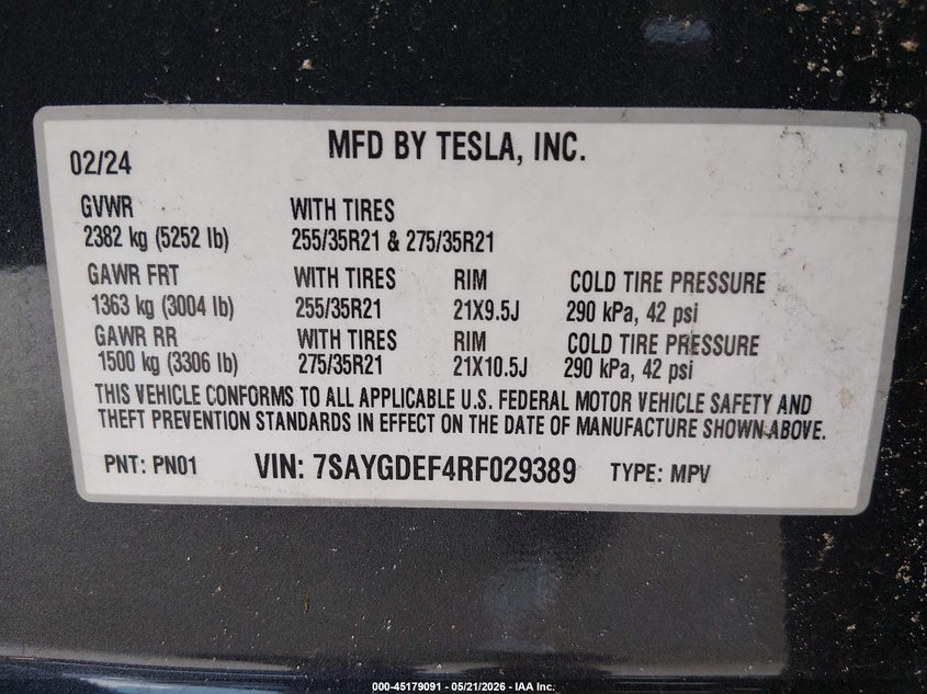 2024 Tesla Model y VIN 7SAYGDEF4RF029389 IAAI salvage auction — WATER/FLOOD, Rebuildable (Florida), sold $4,650 on 2026-07-28 (photo 9)