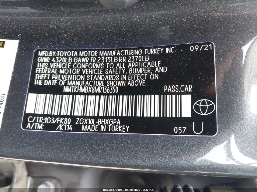 2021 Toyota C-hr VIN NMTKHMBX8MR136350 IAAI salvage auction — RIGHT SIDE, Salvage (Georgia), sold $7,100 on 2026-07-17 (photo 9)