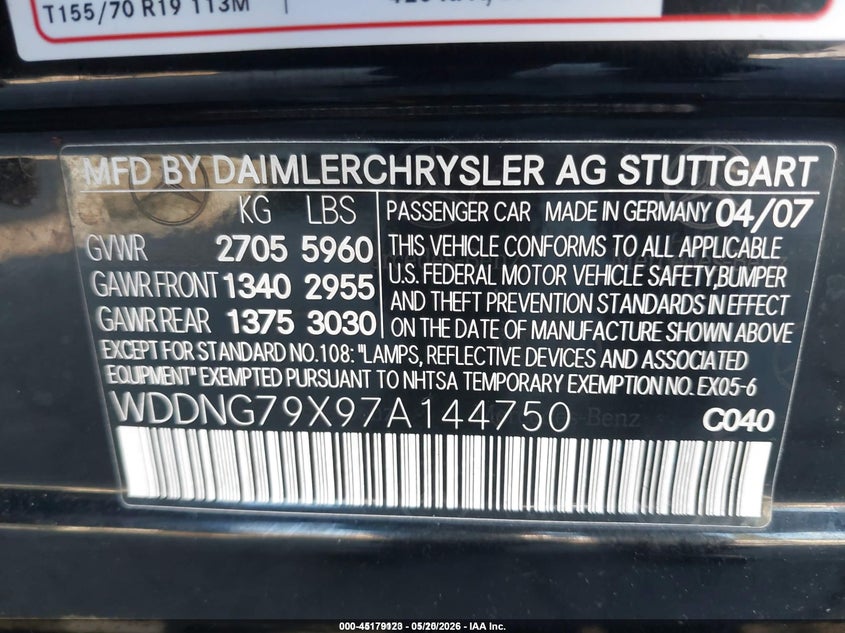 2007 Mercedes-benz S-klasse amg VIN WDDNG79X97A144750 IAAI salvage auction — FRONT END, Salvage (California), sold $4,050 on 2026-07-30 (photo 9)