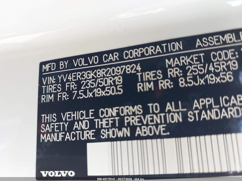 2024 Volvo C40 VIN YV4ER3GK8R2097824 IAAI salvage auction — FRONT END, Salvage Title, sold $9,250 on 2026-07-16 (photo 9)