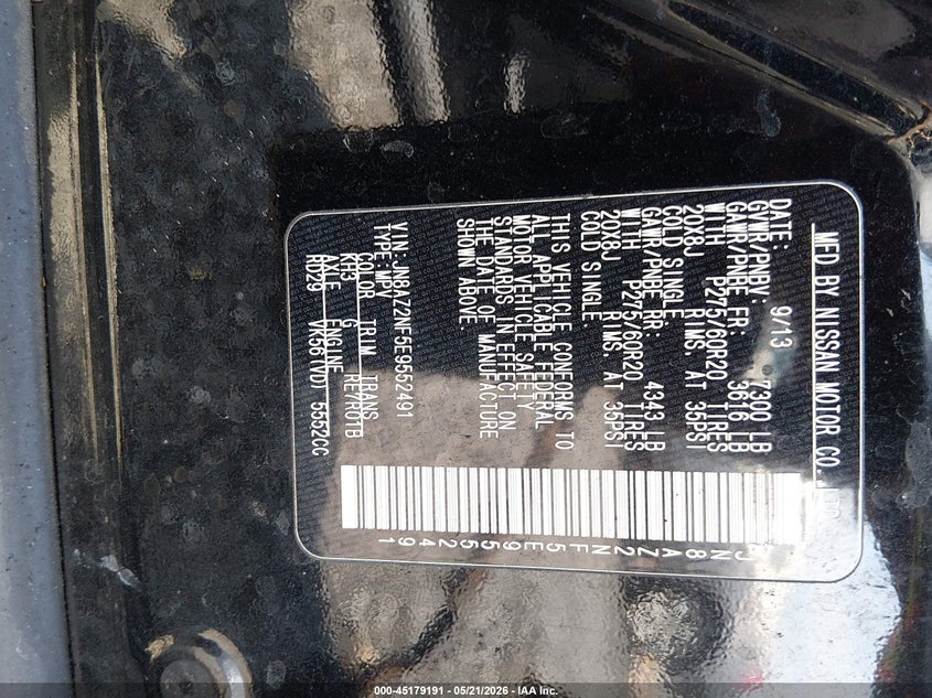 2014 Infiniti Qx80 VIN JN8AZ2NF5E9552491 IAAI salvage auction — INTERIOR BURN, Salvage (South Carolina), sold $300 on 2026-07-07 (photo 9)