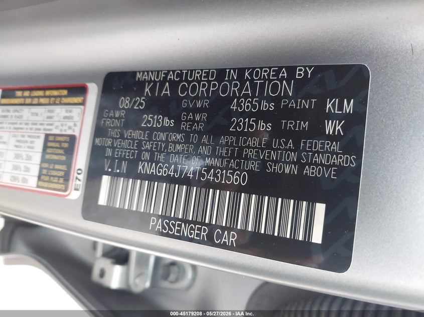 2026 Kia K5 VIN KNAG64J74T5431560 IAAI salvage auction — SIDE, Salvage Title, sold $6,000 on 2026-09-03 (photo 9)