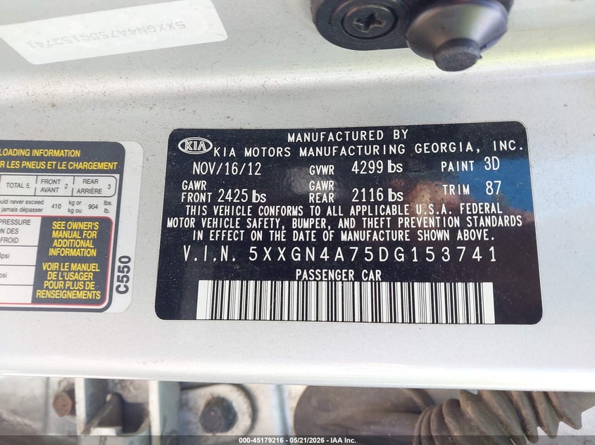 2013 Kia Optima VIN 5XXGN4A75DG153741 IAAI salvage auction — LEFT SIDE, Salvage (Ohio), sold $325 on 2026-07-28 (photo 9)