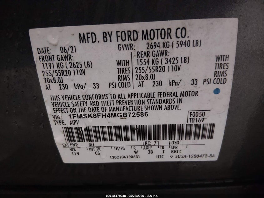 2021 Ford Explorer VIN 1FMSK8FH4MGB72586 IAAI salvage auction — HAIL, Salvage Title, sold $8,100 on 2026-08-01 (photo 9)
