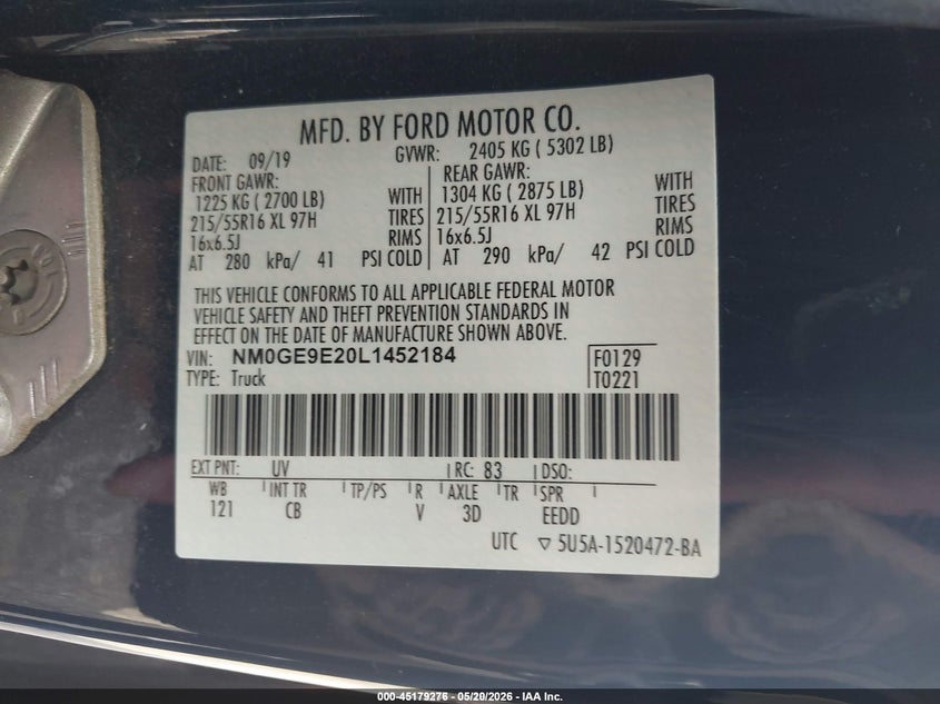 2020 Ford Transit connect VIN NM0GE9E20L1452184 IAAI salvage auction — NORMAL WEAR, Sf97 (Kentucky), sold $13,100 on 2026-07-15 (photo 9)