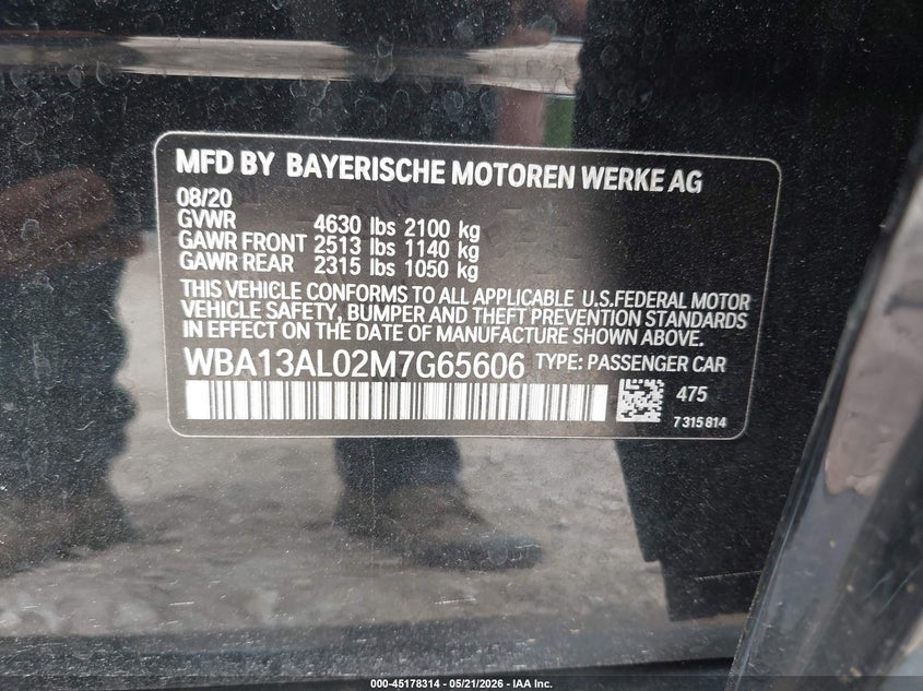 2021 BMW 2er VIN WBA13AL02M7G65606 IAAI salvage auction — HAIL, Clear (Missouri), sold $9,350 on 2026-07-13 (photo 9)