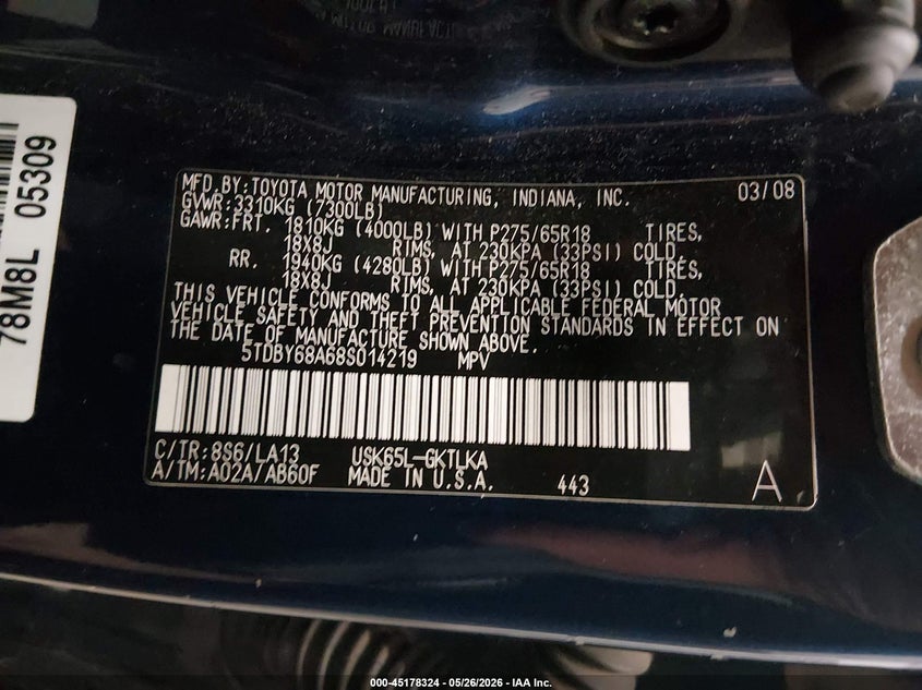 2008 Toyota Sequoia VIN 5TDBY68A68S014219 IAAI salvage auction — LEFT FRONT, Salvage (Minnesota), sold $4,850 on 2026-07-14 (photo 9)