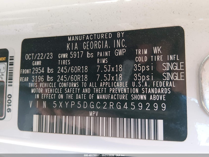 2024 Kia Telluride VIN 5XYP5DGC2RG459299 IAAI salvage auction — LEFT FRONT, Bill Of Sale (Washington), sold $8,900 on 2026-07-15 (photo 9)