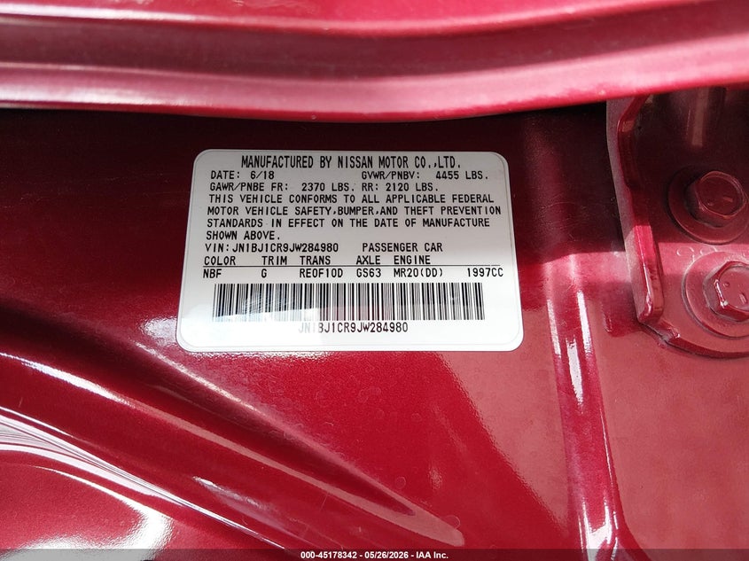 2018 Nissan Rogue VIN JN1BJ1CR9JW284980 IAAI salvage auction — REAR END, Salvage (Colorado), sold $1,700 on 2026-07-15 (photo 9)