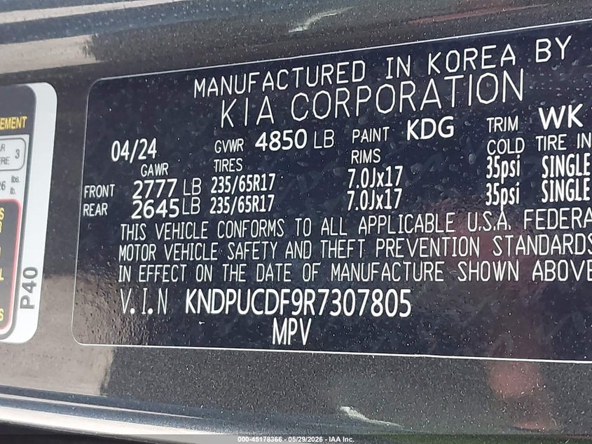 2024 Kia Sportage VIN KNDPUCDF9R7307805 IAAI salvage auction — HAIL, Salvage Title, sold $9,850 on 2026-07-21 (photo 9)