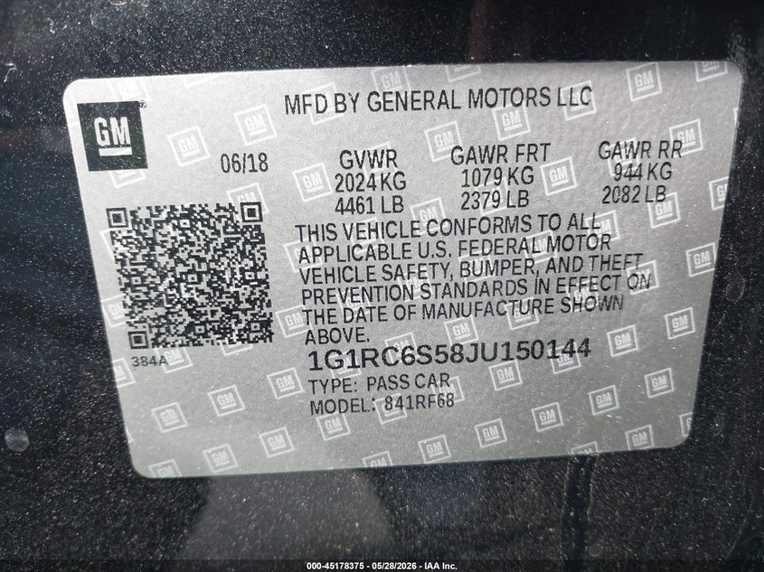 2018 Chevrolet Volt VIN 1G1RC6S58JU150144 IAAI salvage auction — RIGHT FRONT, Salvage Title, sold $2,650 on 2026-07-25 (photo 9)