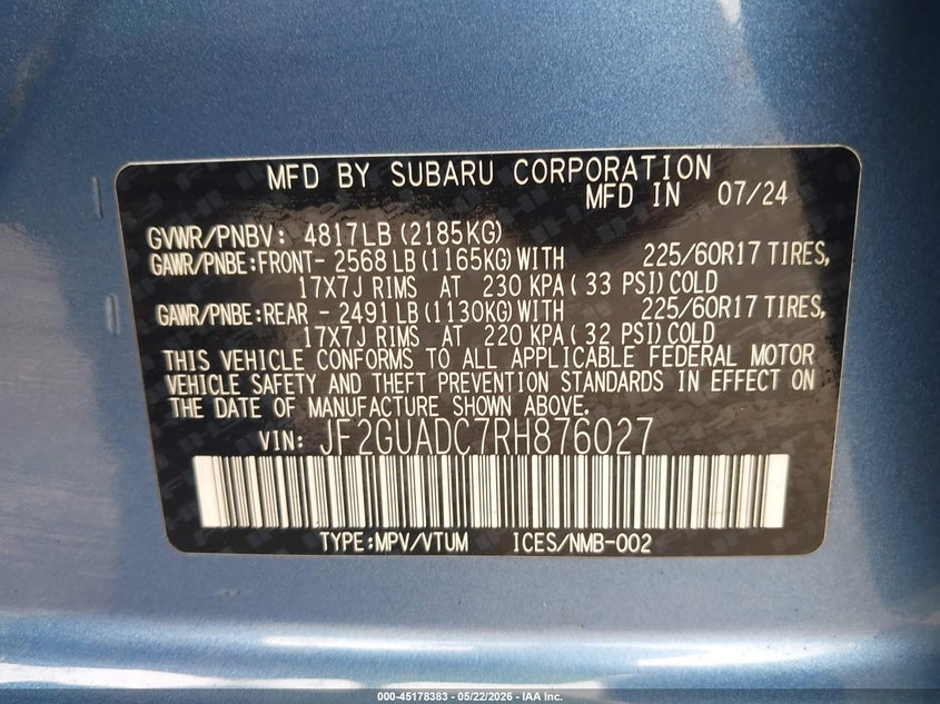 2024 Subaru Xv VIN JF2GUADC7RH876027 IAAI salvage auction — FRONT END, Salvage (Arizona), sold $4,300 on 2026-07-29 (photo 9)