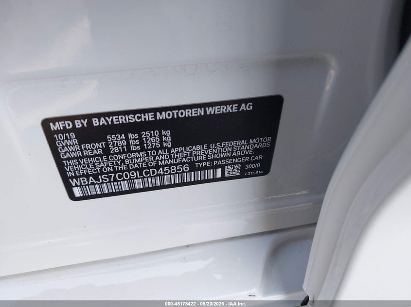 2020 BMW 5er VIN WBAJS7C09LCD45856 IAAI salvage auction — FRONT END, Salvage (California), sold $12,750 on 2026-07-14 (photo 9)
