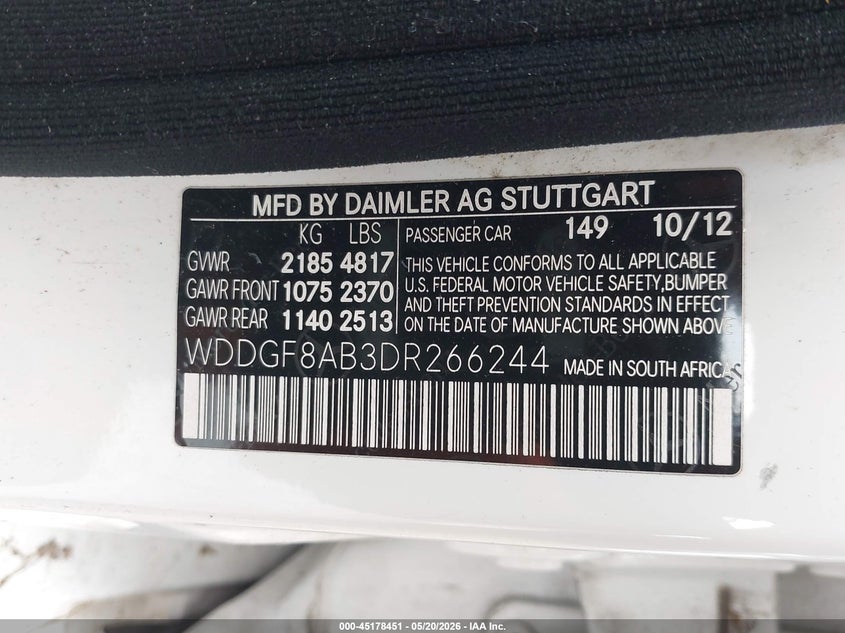 2013 Mercedes-benz C-klasse VIN WDDGF8AB3DR266244 IAAI salvage auction — NORMAL WEAR, Clear (Indiana), sold $875 on 2026-07-29 (photo 9)