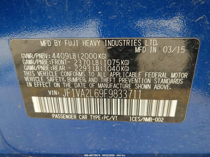 2015 Subaru Wrx sti VIN JF1VA2L69F9833711 IAAI salvage auction — FRONT END, Original (Texas), sold $9,150 on 2026-07-20 (photo 9)