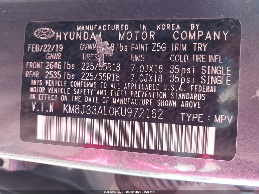 2019 Hyundai Tucson VIN KM8J33AL0KU972162 IAAI salvage auction — FRONT END, Bill Of Sale (Hawaii), sold $825 on 2026-07-14 (photo 9)