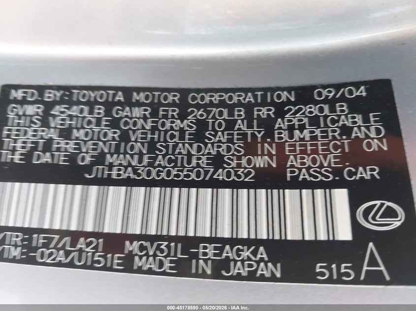 2005 Lexus Es 330 VIN JTHBA30G055074032 IAAI salvage auction — NORMAL WEAR, Salvage (Texas), sold $700 on 2026-07-15 (photo 9)