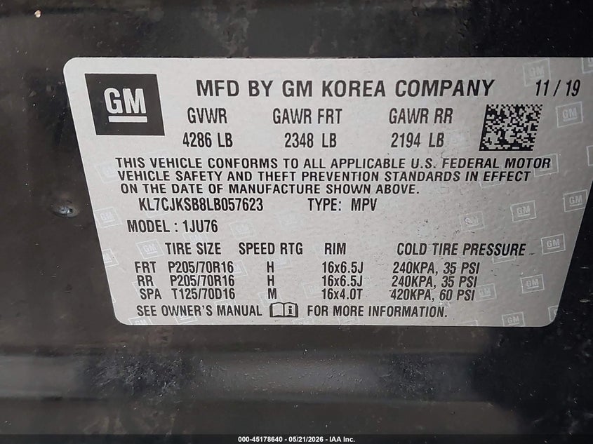 2020 Chevrolet Trax VIN KL7CJKSB8LB057623 IAAI salvage auction — RIGHT SIDE, Salvage (Texas), sold $2,450 on 2026-07-15 (photo 9)