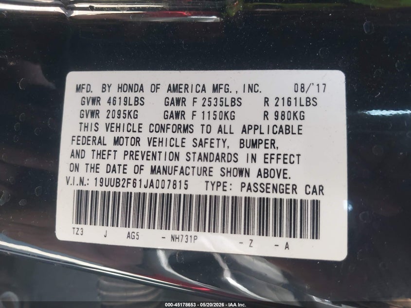2018 Acura Tlx VIN 19UUB2F61JA007815 IAAI salvage auction — LEFT FRONT, Salvage (Arizona), sold $6,500 on 2026-07-28 (photo 9)