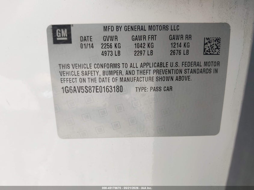 2014 Cadillac Cts VIN 1G6AV5S87E0163180 IAAI salvage auction — NORMAL WEAR, Salvage (California), sold $600 on 2026-07-09 (photo 9)