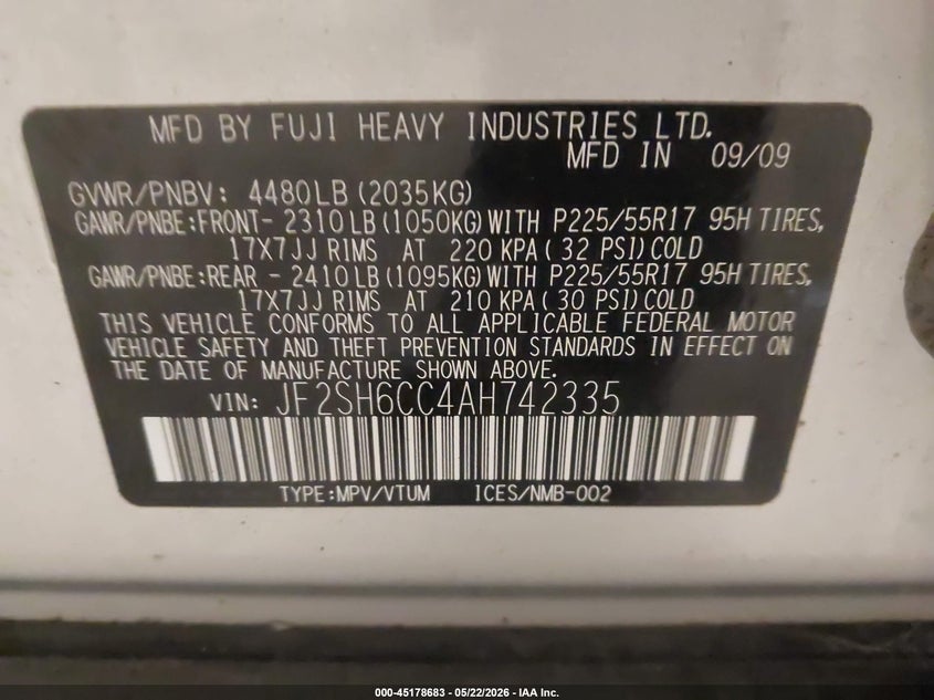 2010 Subaru Forester VIN JF2SH6CC4AH742335 IAAI salvage auction — NORMAL WEAR, Clear (Minnesota), sold $250 on 2026-07-29 (photo 9)