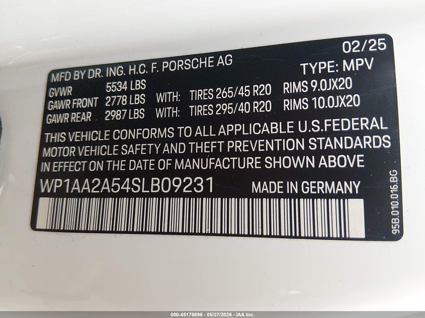 2025 Porsche Macan VIN WP1AA2A54SLB09231 IAAI salvage auction — REAR END, Salvage Title, sold $32,975 on 2026-07-15 (photo 9)