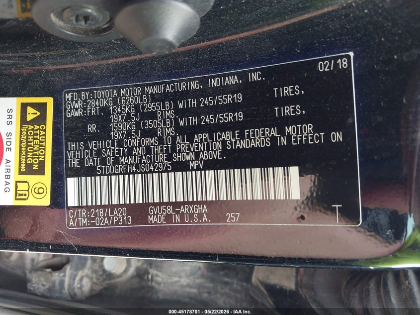 2018 Toyota Highlander VIN 5TDDGRFH4JS042975 IAAI salvage auction — ROLLOVER, Salvage (Texas), sold $2,750 on 2026-08-01 (photo 9)