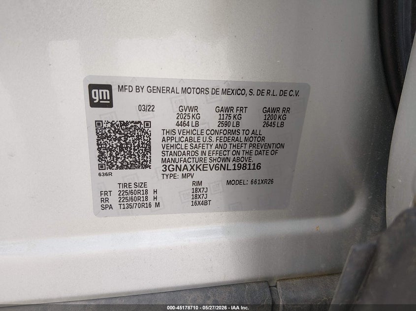 2022 Chevrolet Equinox VIN 3GNAXKEV6NL198116 IAAI salvage auction — HAIL, Salvage Title, sold $7,050 on 2026-07-27 (photo 9)