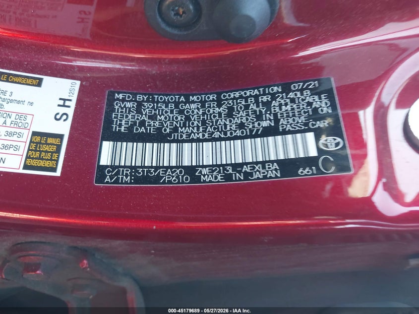 2022 Toyota Corolla VIN JTDEAMDE4NJ040177 IAAI salvage auction — FRONT & REAR, Salvage Title, sold $5,500 on 2026-07-17 (photo 9)