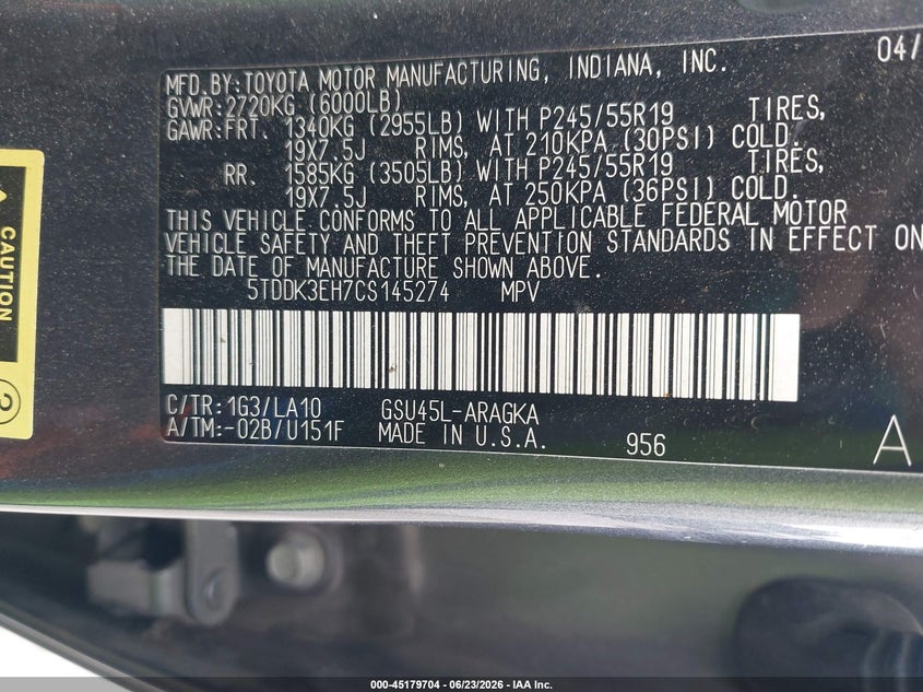 2012 Toyota Highlander VIN 5TDDK3EH7CS145274 IAAI salvage auction — NORMAL WEAR, Salvage Title, sold $1,350 on 2026-07-29 (photo 9)