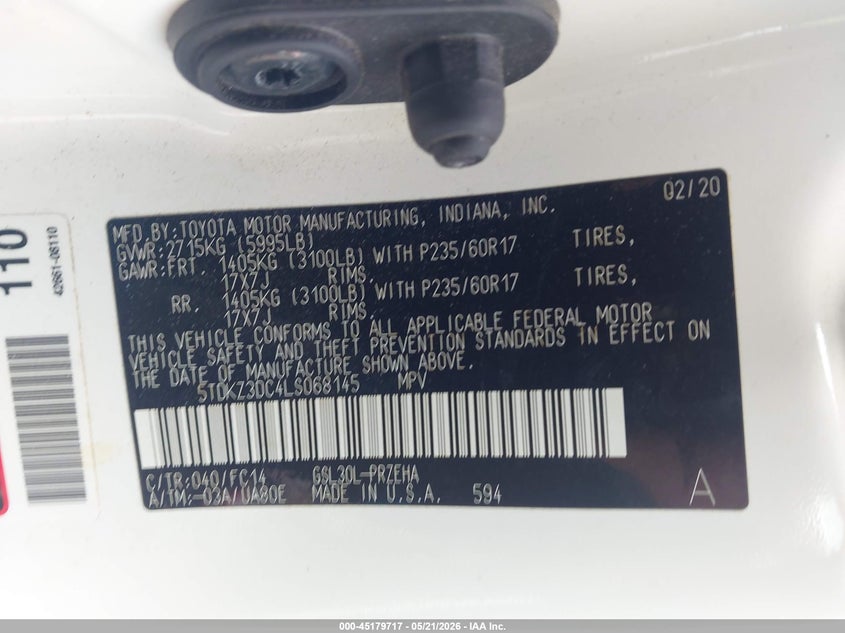 2020 Toyota Sienna VIN 5TDKZ3DC4LS068145 IAAI salvage auction — FRONT END, Salvage (Arkansas), sold $7,700 on 2026-07-15 (photo 9)