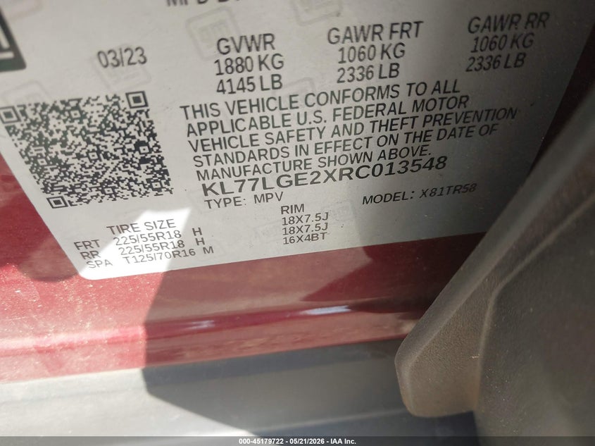2024 Chevrolet Trax VIN KL77LGE2XRC013548 IAAI salvage auction — REAR END, Certificate Of Destruction (Florida), sold $3,650 on 2026-07-20 (photo 9)