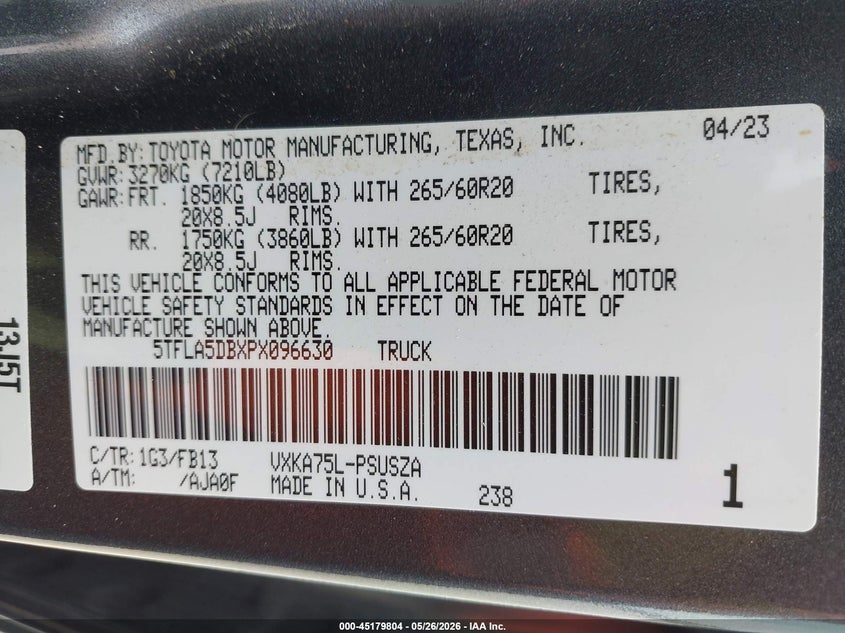 2023 Toyota Tundra VIN 5TFLA5DBXPX096630 IAAI salvage auction — LEFT SIDE, Wait Title, sold $14,100 on 2026-08-31 (photo 9)