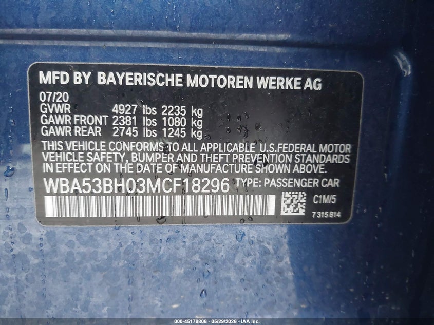 2021 BMW 5er VIN WBA53BH03MCF18296 IAAI salvage auction — HAIL, Salvage Title, sold $16,400 on 2026-07-27 (photo 9)