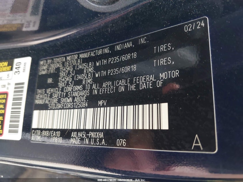 2024 Toyota Sienna VIN 5TDJSKFC0RS125084 IAAI salvage auction — REAR END, Salvage (Idaho), sold $3,350 on 2026-07-28 (photo 9)
