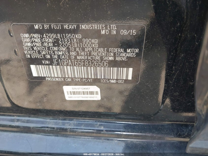 2015 Subaru Impreza VIN JF1GPAT65F8326506 IAAI salvage auction — RIGHT FRONT, Salvage (Massachusetts), sold $400 on 2026-07-31 (photo 9)