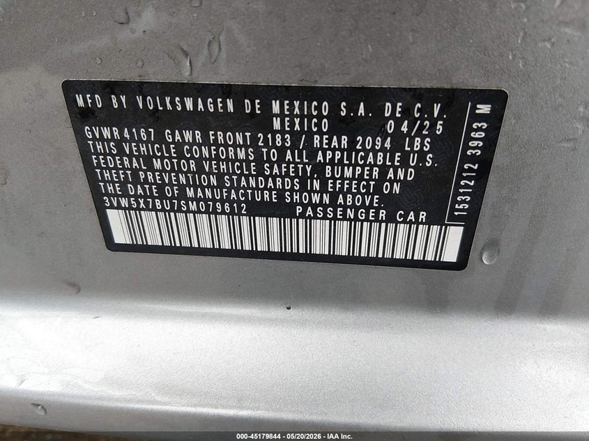 2025 Volkswagen Jetta VIN 3VW5X7BU7SM079612 IAAI salvage auction — FRONT END, Wait Title, sold $5,100 on 2026-10-01 (photo 9)