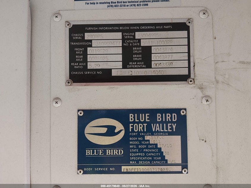 2011 Blue bird School bus / transit bus VIN 1BABFCPA7BF280985 IAAI salvage auction — ROOF, SF97 (Alabama), sold $1,000 on 2026-08-13 (photo 9)