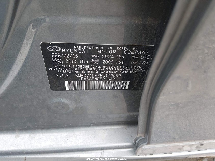 2017 Hyundai Elantra VIN KMHD74LF7HU110550 IAAI salvage auction — FRONT END, Salvage (Kentucky), sold $950 on 2026-07-20 (photo 9)