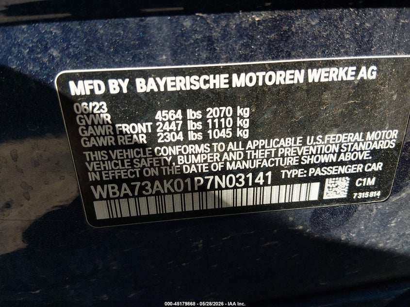 2023 BMW 2er VIN WBA73AK01P7N03141 IAAI salvage auction — HAIL, Salvage Title, sold $8,800 on 2026-08-01 (photo 9)