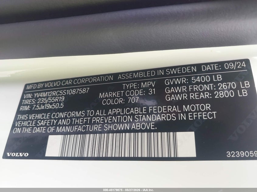 2025 Volvo Xc60 VIN YV4M12RC5S1087587 IAAI salvage auction — HAIL, Salvage Title, sold $23,050 on 2026-07-14 (photo 9)