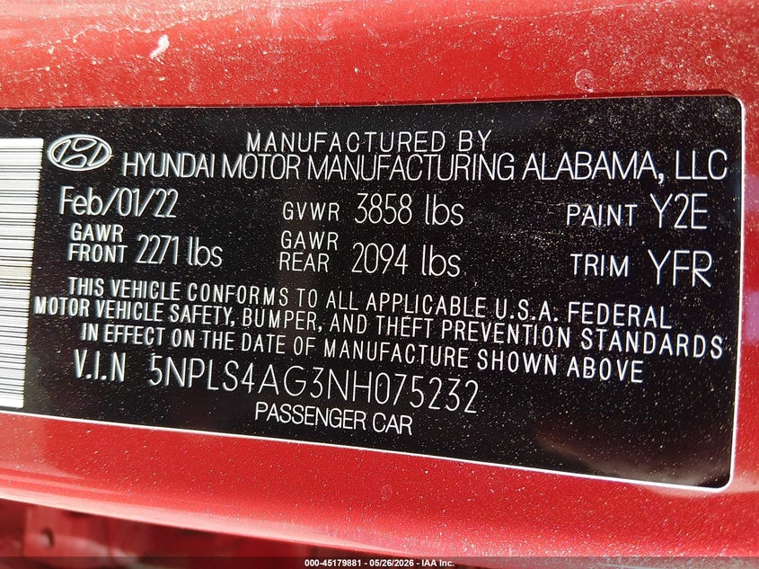 2022 Hyundai Elantra VIN 5NPLS4AG3NH075232 IAAI salvage auction — HAIL, Salvage (Kansas), sold $4,700 on 2026-07-17 (photo 9)