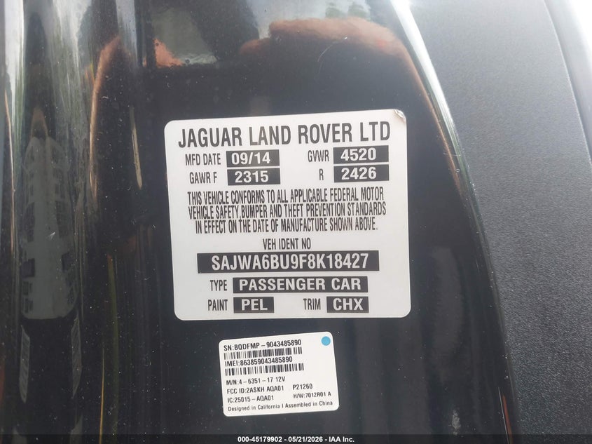 2015 Jaguar F-type VIN SAJWA6BU9F8K18427 IAAI salvage auction — FRONT END, Salvage (Ohio), sold $2,100 on 2026-07-14 (photo 9)