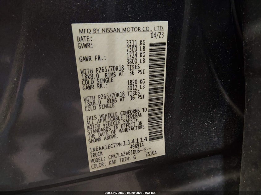 2023 Nissan TITAN VIN 1N6AA1EC7PN114114 IAAI salvage auction — FRONT END, Sf97 (Alabama), sold $17,925 on 2026-07-16 (photo 9)