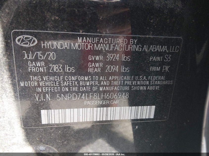 2020 Hyundai Elantra VIN 5NPD74LF8LH606948 IAAI salvage auction — NORMAL WEAR, Sf97 (Washington), sold $7,600 on 2026-07-09 (photo 9)